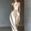 Women's Satin High-end Waist-cinching Slit Strap Solid Color Evening