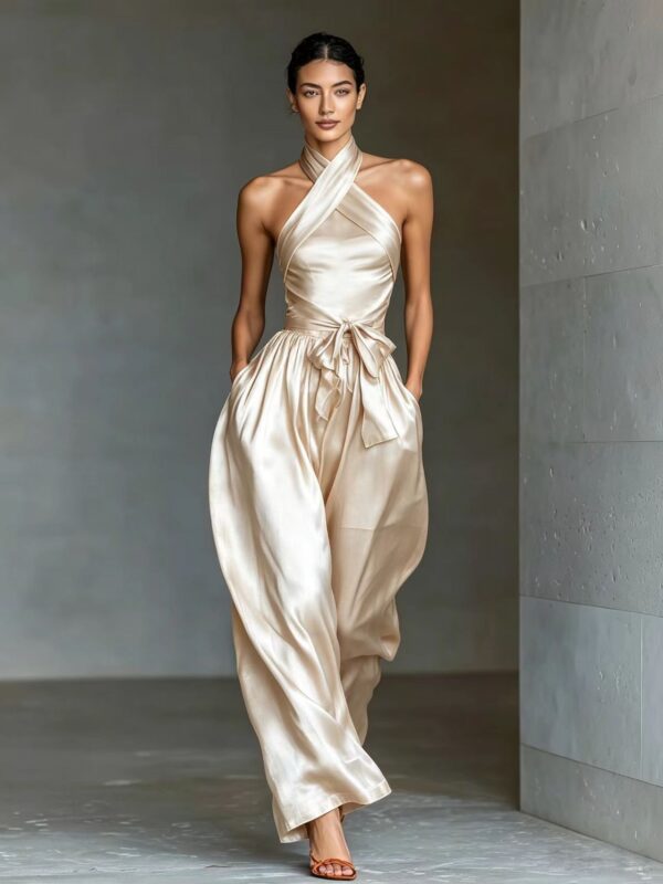 Women's Satin High-end Waist-cinching Slit Strap Solid Color Evening