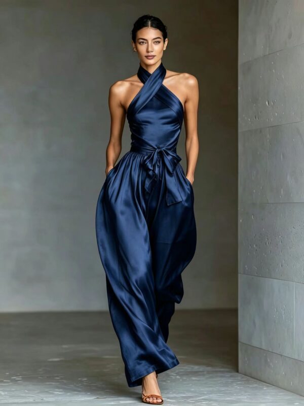 Women's Satin High-end Waist-cinching Slit Strap Solid Color Evening