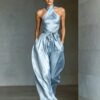 Women's Satin High-end Waist-cinching Slit Strap Solid Color Evening