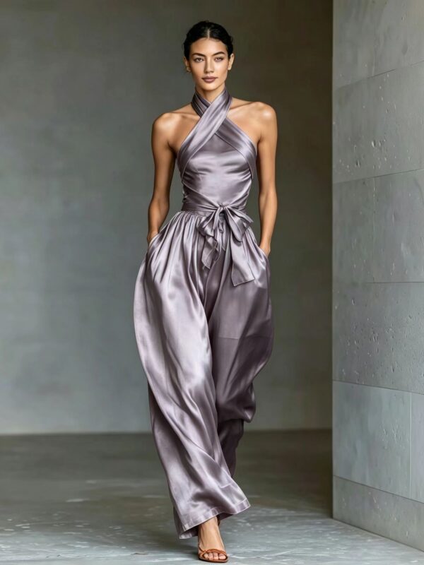 Women's Satin High-end Waist-cinching Slit Strap Solid Color Evening
