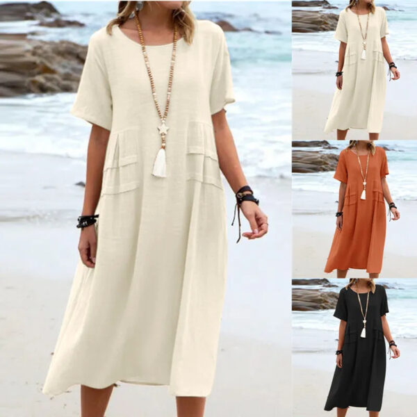 Women's Summer Loose Casual Midi Dress Breathable Cotton Linen