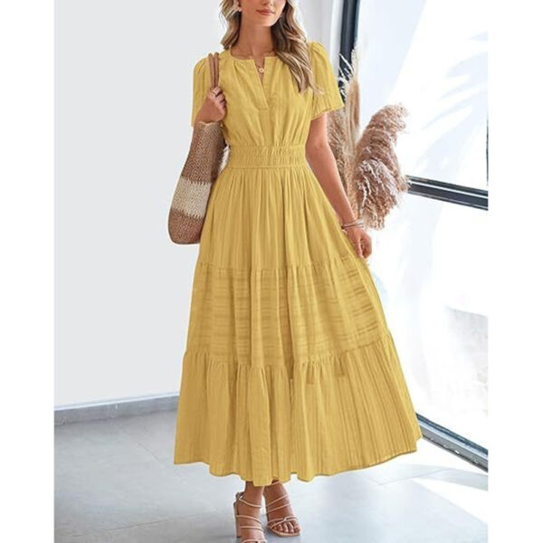 Women's Summer Short Sleeve V Neck Swing Dress Flowy Pleated Tiered Women's Summer Short Sleeve V Neck Swing Dress Flowy Pleated Tiered