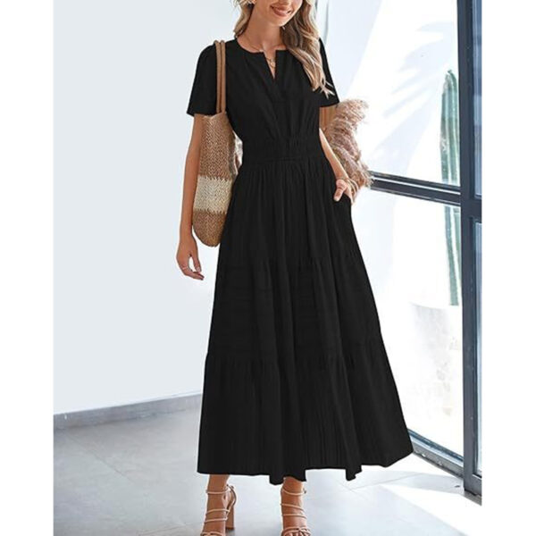 Women's Summer Short Sleeve V Neck Swing Dress Flowy Pleated Tiered Women's Summer Short Sleeve V Neck Swing Dress Flowy Pleated Tiered